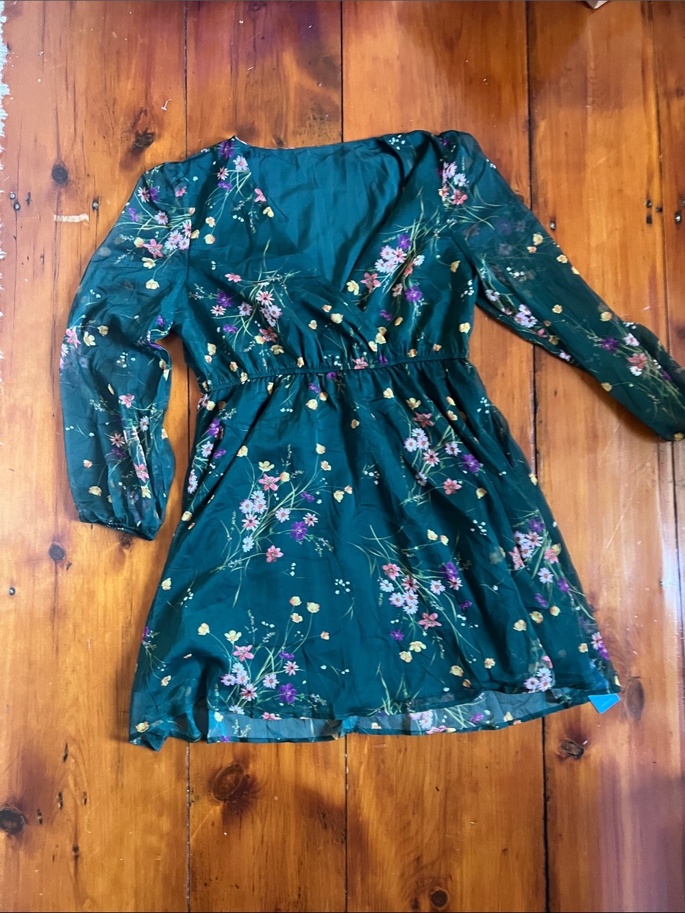 Cupshe Teal Green Floral Long-Sleeve V-Neck Dress